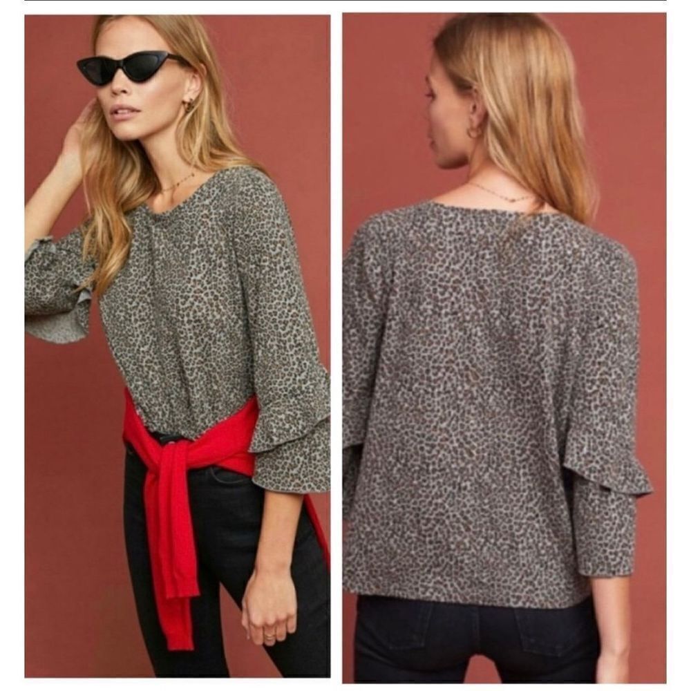 Anthropologie T.La Chelsea Ruffled Tee Leopard Print Ruffle Sleeve Top medium gr